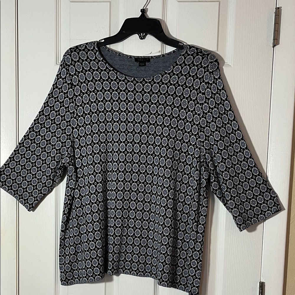 J Jill wearever collection pullover 3/4 sleeve geo medallion knit top blk blu XL